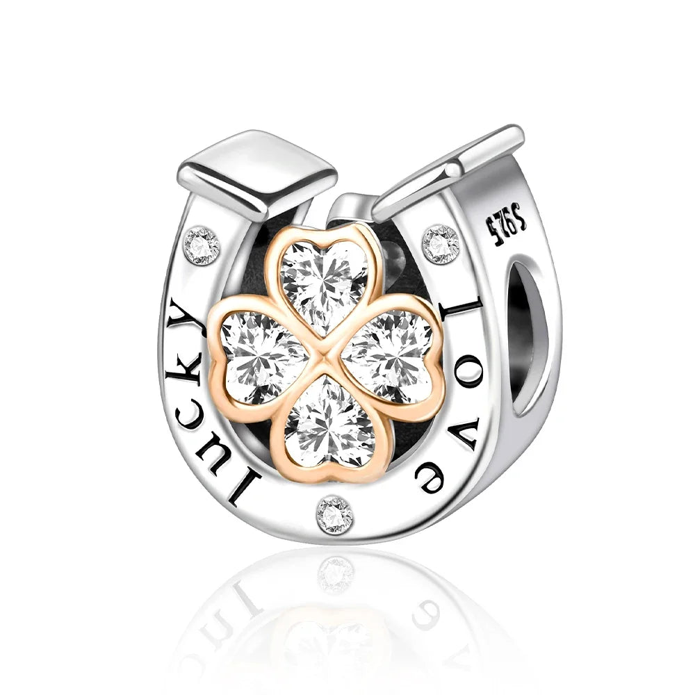 Silver and rose gold horseshoe charm with four-leaf clover and clear crystals for original bangle bracelet sterling silver music charms