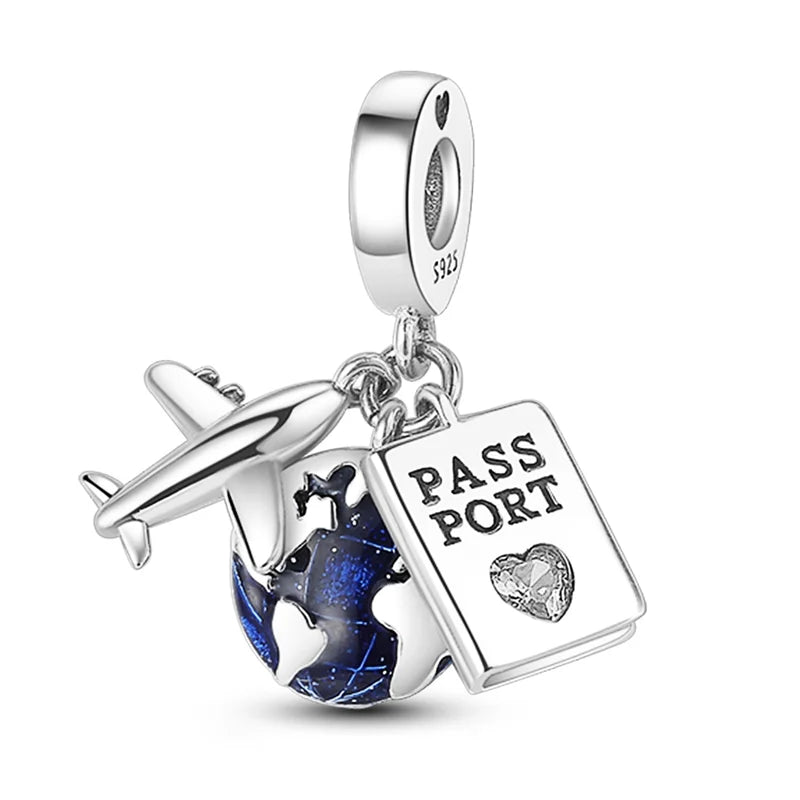 Silver airplane passport charm with blue enamel globe and heart accent sterling silver music charm for original bangle bracelet