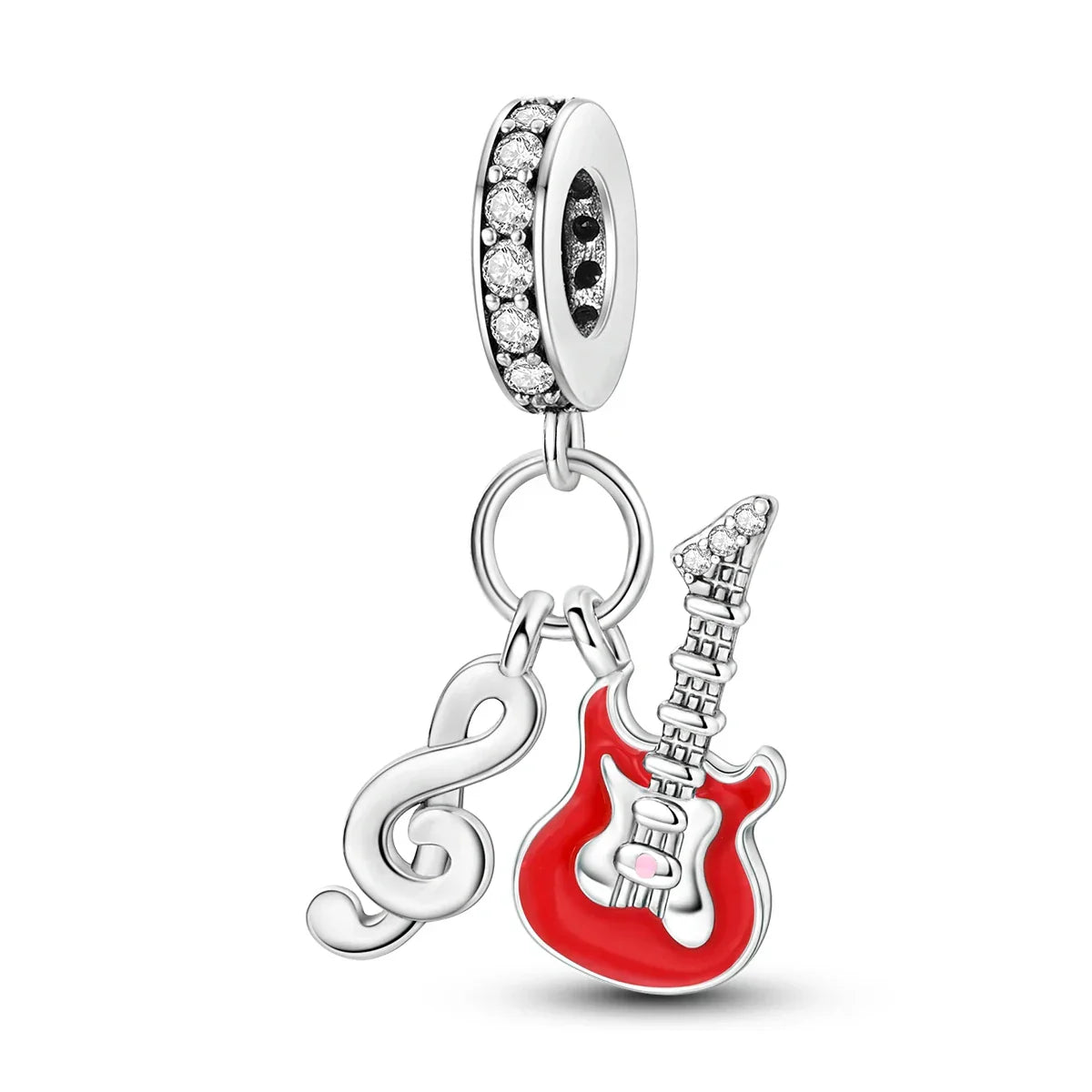 Silver music charms sterling silver guitar and treble clef with red enamel and clear crystals for original bangle bracelet