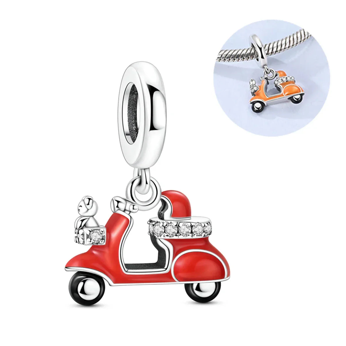 Red enamel scooter charm with silver accents and crystal embellishments for sterling silver music bangle bracelet