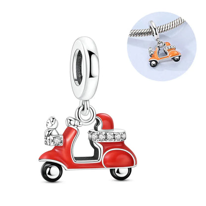 Red enamel scooter charm with silver accents and crystal embellishments for sterling silver music bangle bracelet