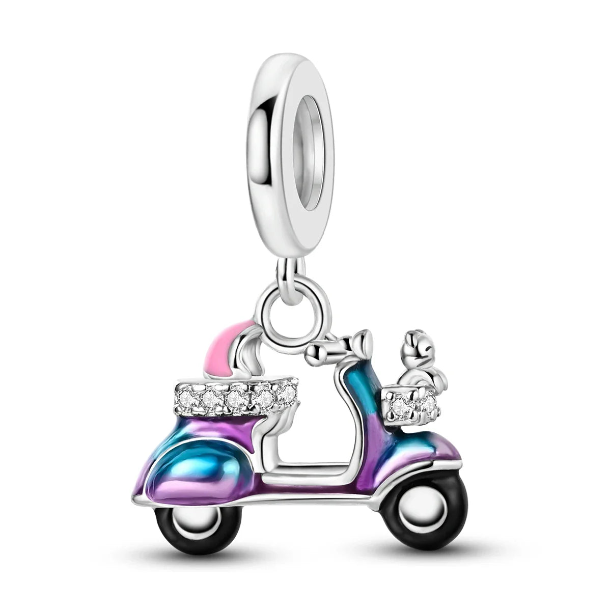 Colorful enamel scooter charm with silver metal accents and crystal embellishments for sterling silver music bracelets