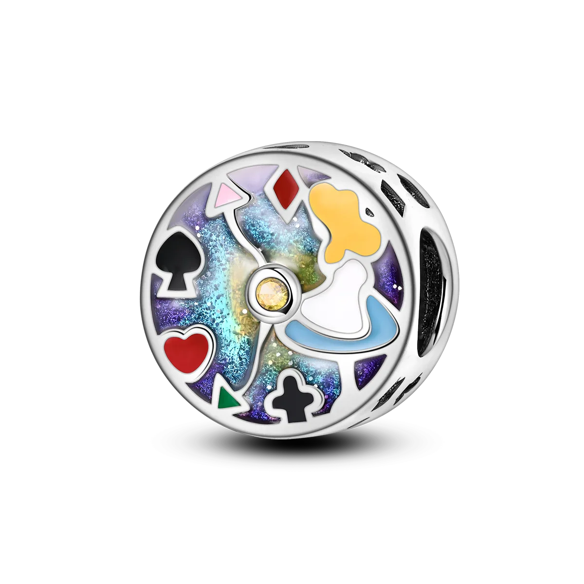 A colorful silver music charm with playing card symbols and a yellow gemstone for original bangle bracelet
