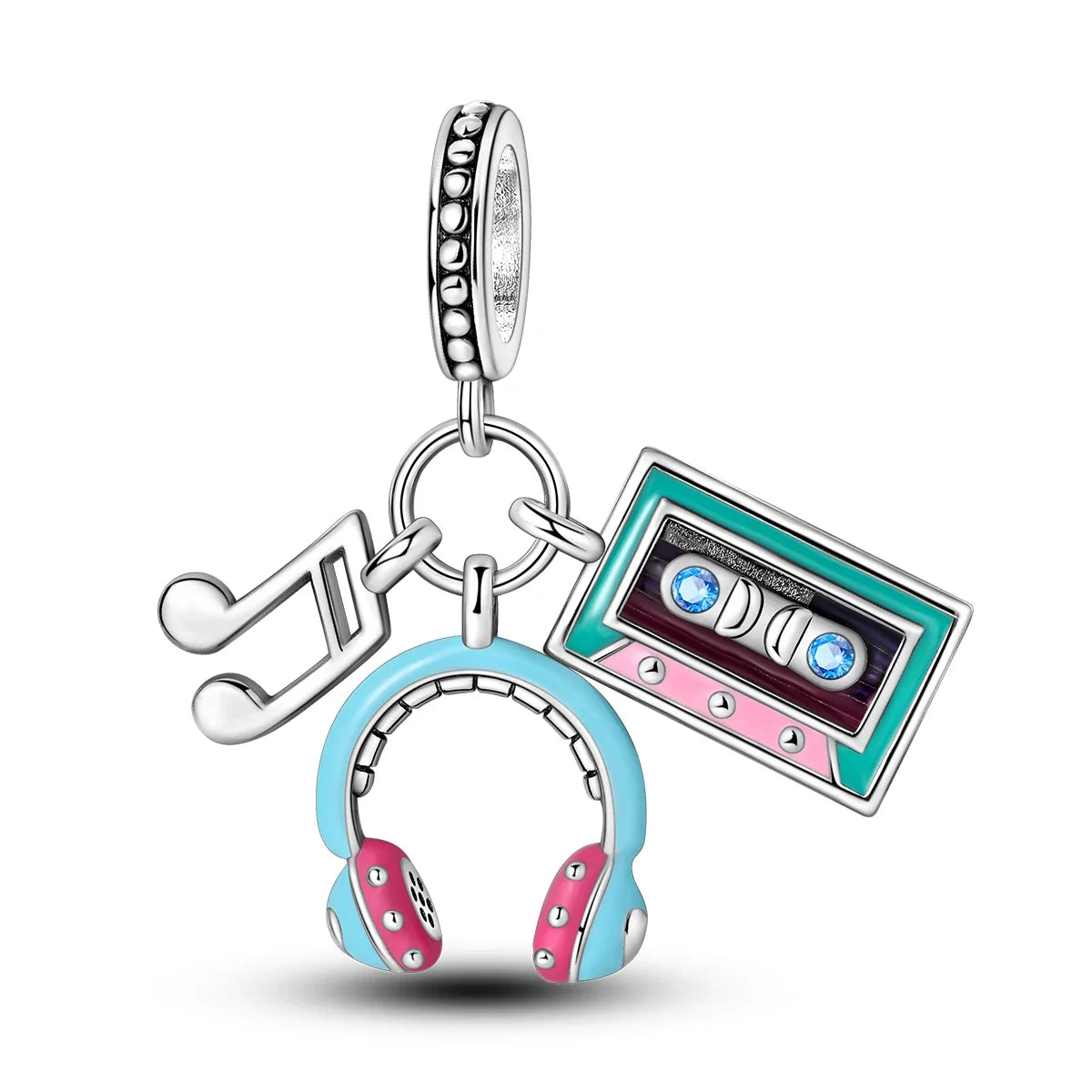 925 sterling silver music charm with colorful headphones musical note and cassette tape for original bangle bracelet