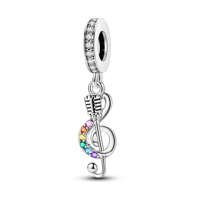 Silver music charms featuring a microphone and treble clef with rainbow gemstones for original bangle bracelet in sterling silver music style