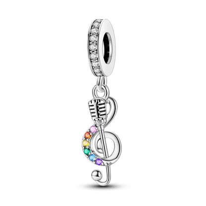 Silver music charms featuring a microphone and treble clef with rainbow gemstones for original bangle bracelet in sterling silver music style