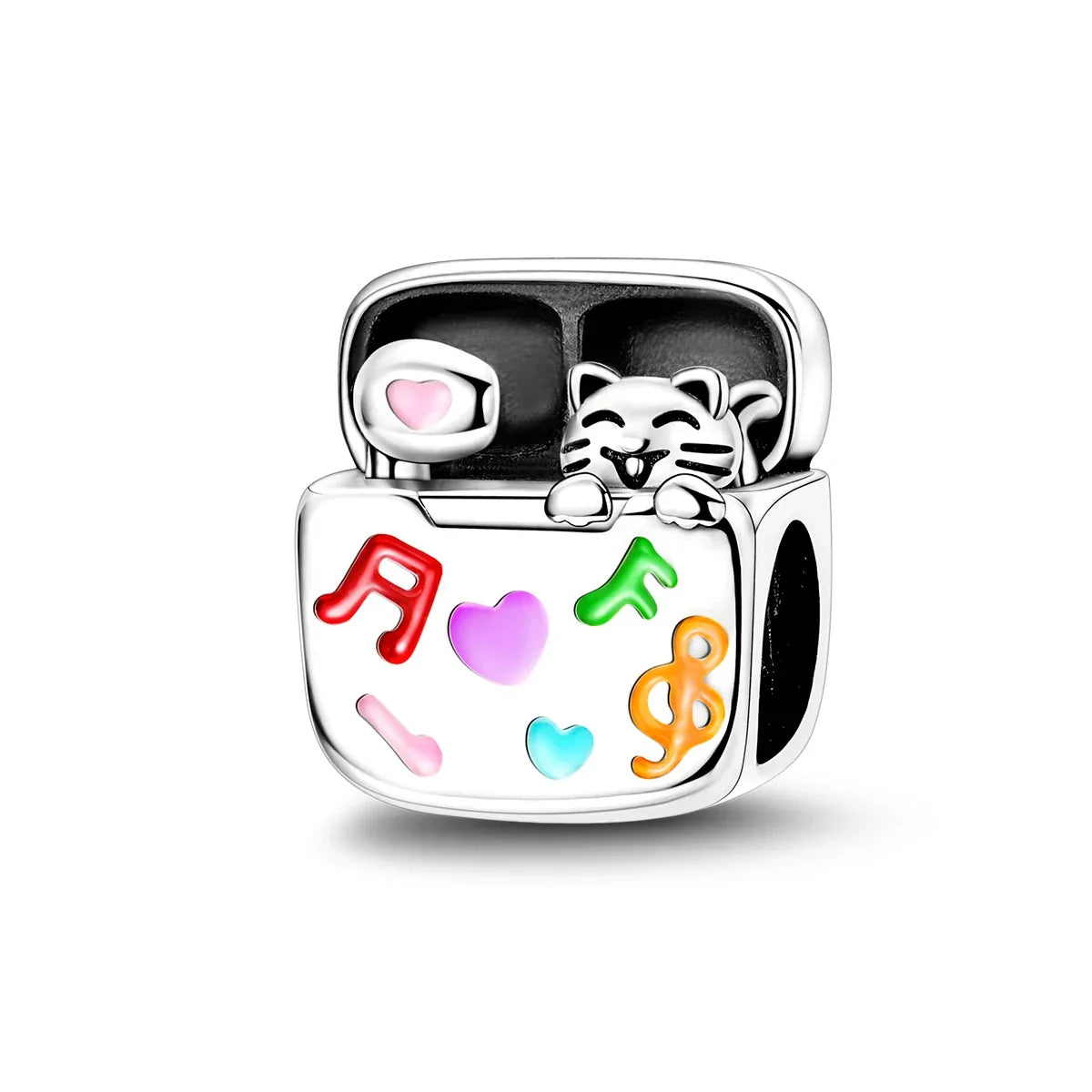 Silver music charm made of 925 sterling silver featuring a smiling cat and colorful enamel for original bangle bracelet