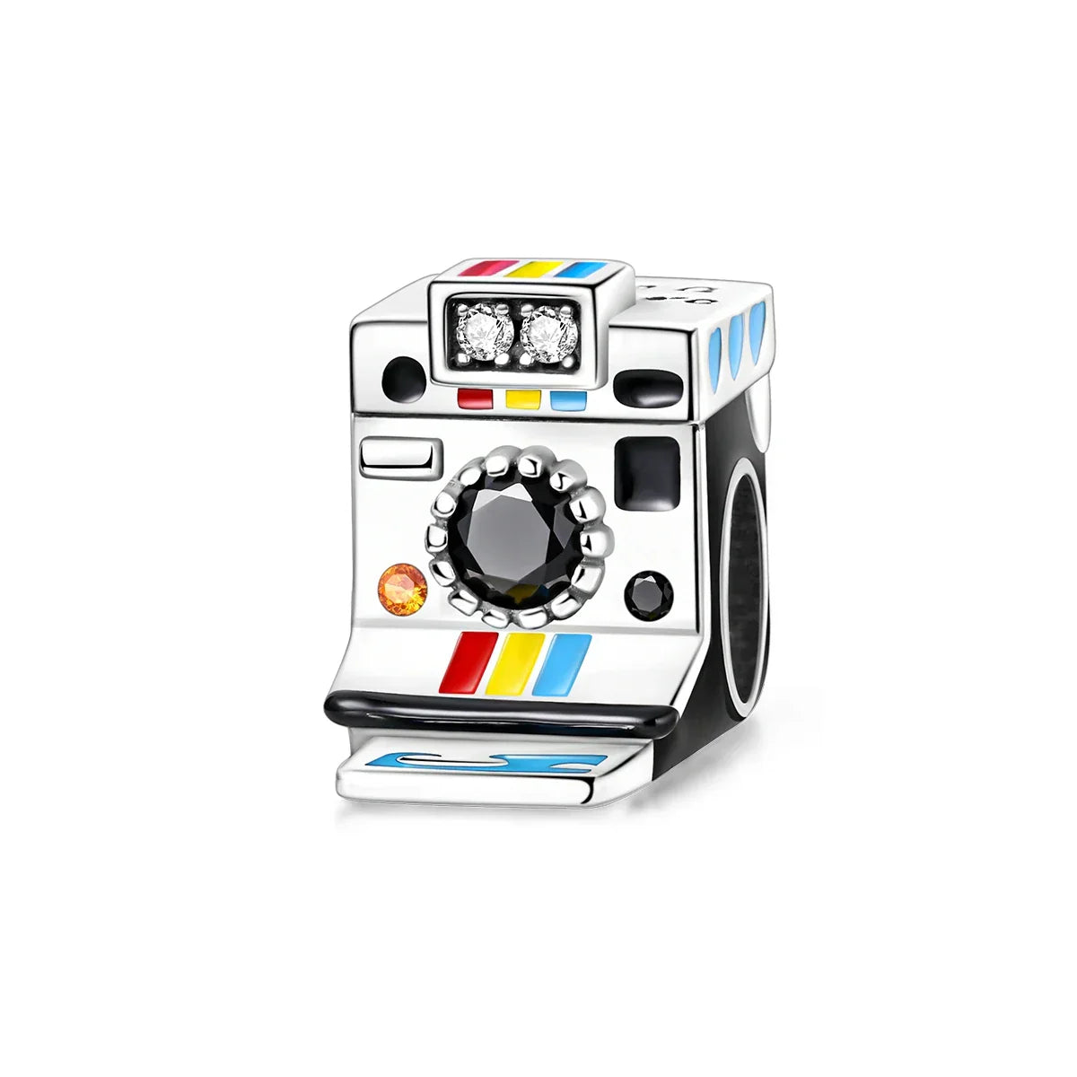 Silver charm designed as a colorful polaroid camera with gemstone accents in 925 sterling silver music for original bangle bracelet
