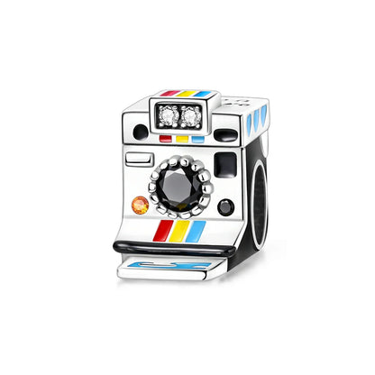 Silver charm designed as a colorful polaroid camera with gemstone accents in 925 sterling silver music for original bangle bracelet