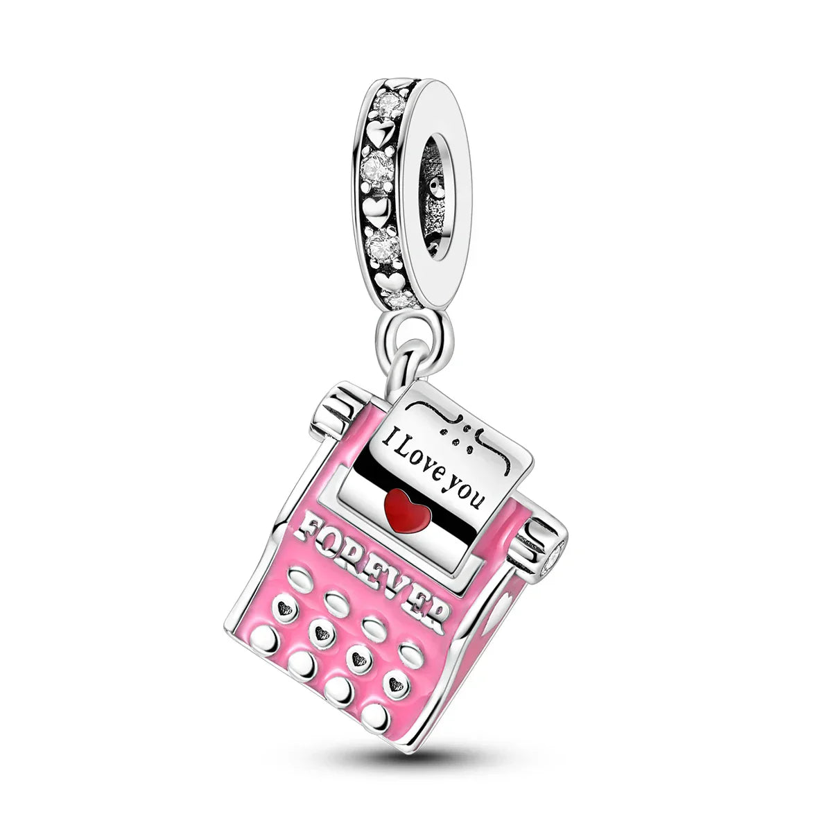 Pink enamel and silver music charm shaped like vintage phone with i love you forever engraved for original bangle bracelet