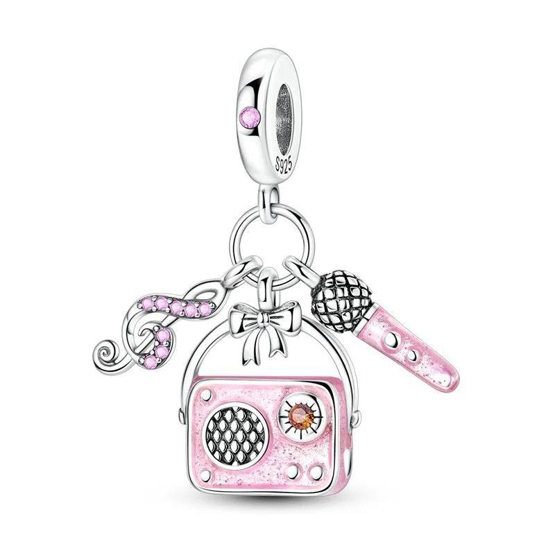 Pink enamel radio charm with silver accents and sparkling details in sterling silver music collection for original bangle bracelet