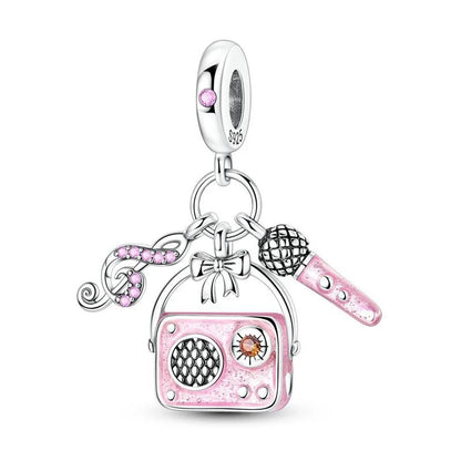 Pink enamel radio charm with silver accents and sparkling details in sterling silver music collection for original bangle bracelet
