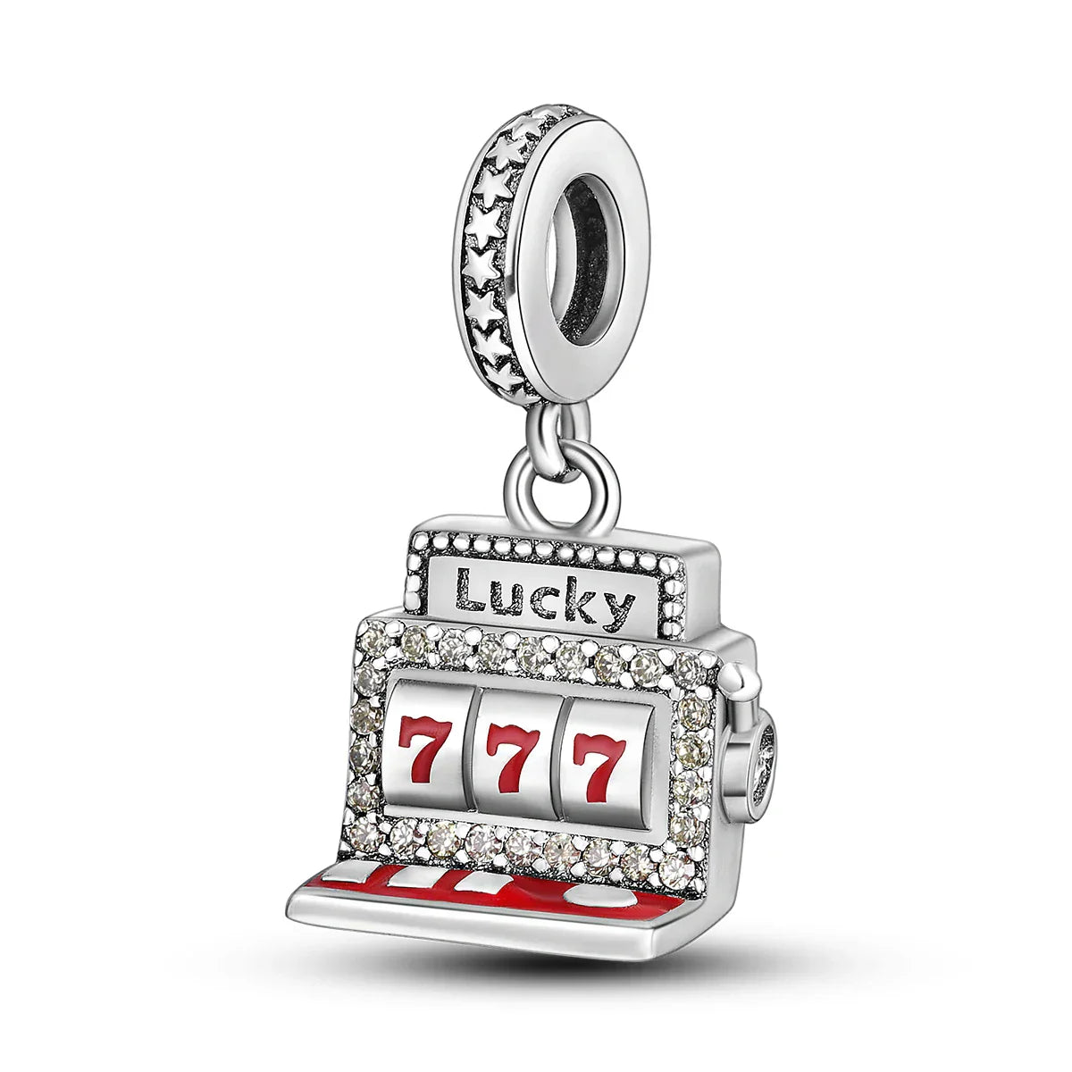 Silver slot machine charm with red 777 reels and crystal accents for sterling silver music charms on original bangle bracelet
