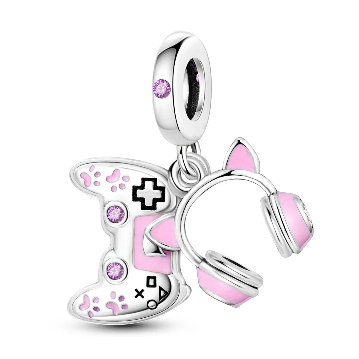 925 sterling silver music charm featuring pink and silver game controller and headphones with purple gemstones for original bangle bracelet