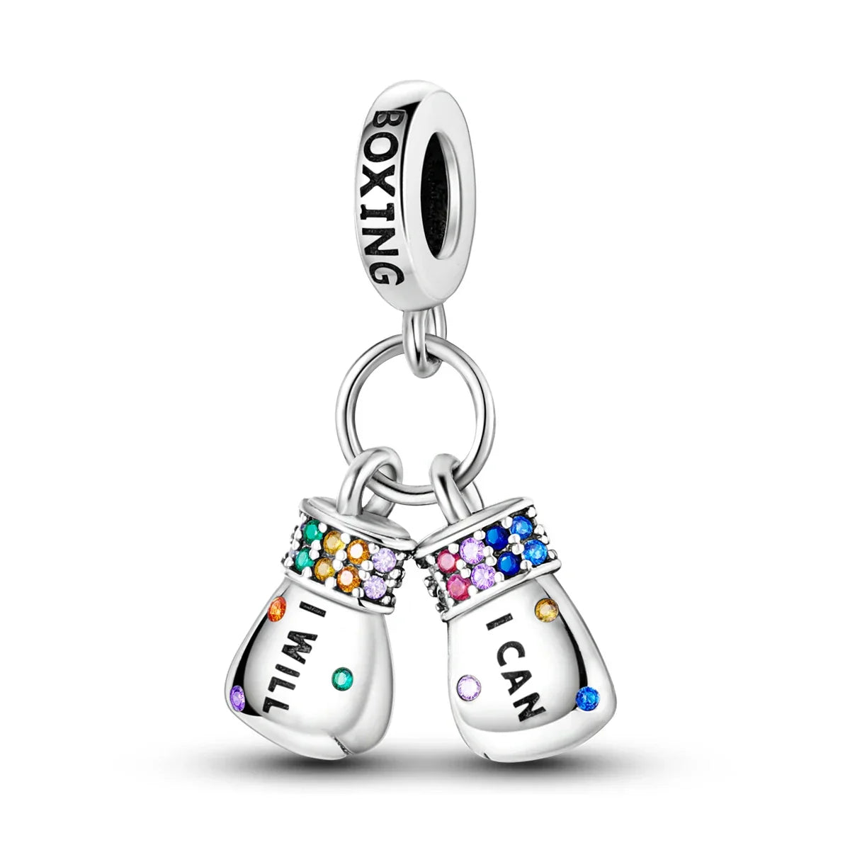 Silver boxing glove charm in sterling silver with rainbow gemstones and engraved phrases for original bangle bracelet