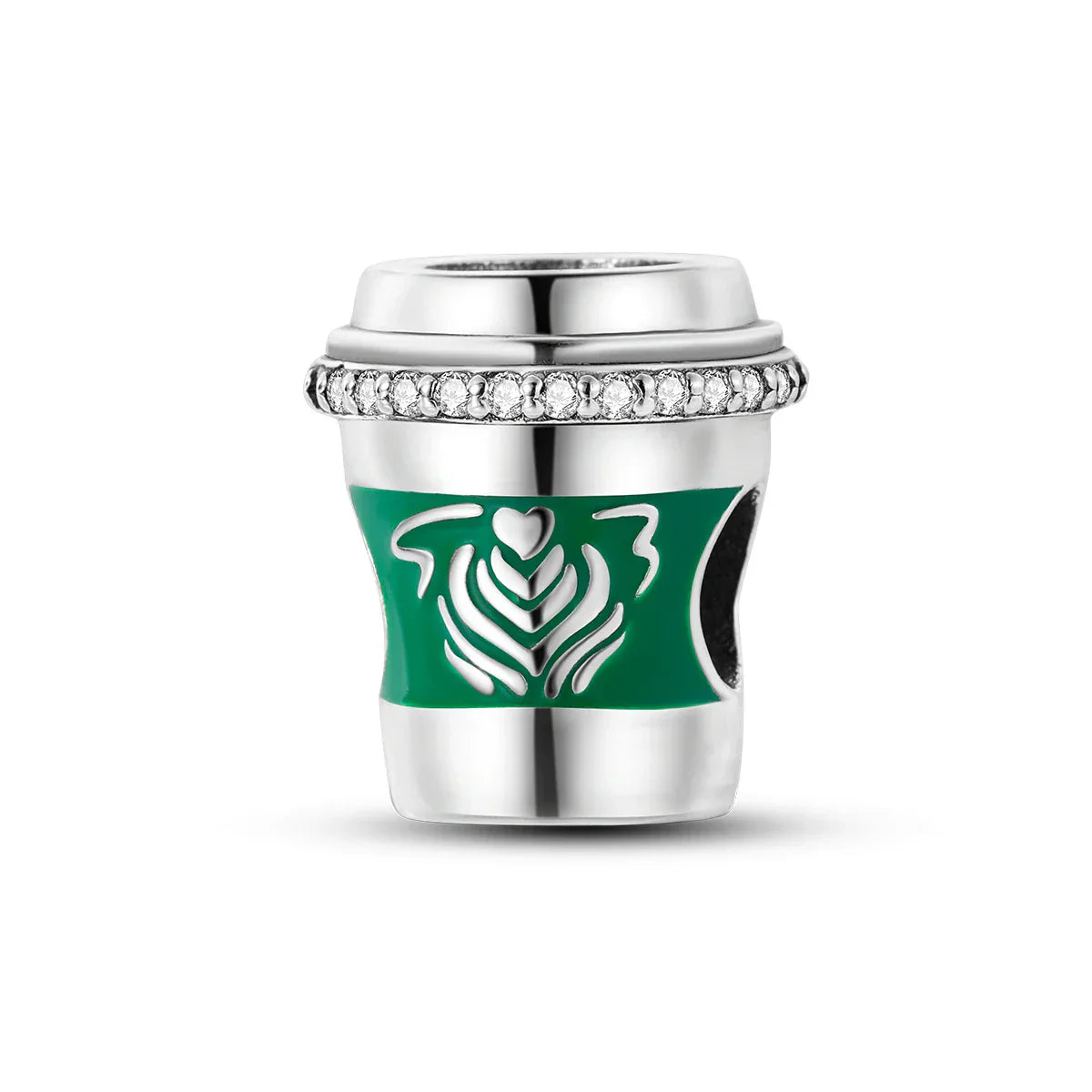Silver music charms sterling silver coffee cup charm with green enamel leaf band and crystals fits original bangle bracelet