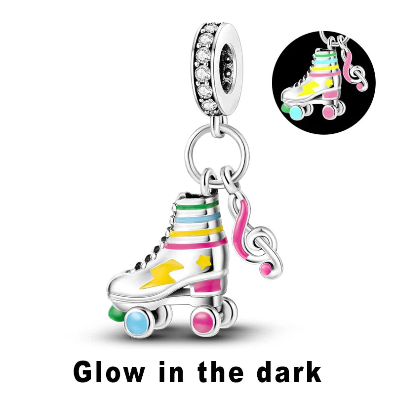 Colorful silver roller skate charm with rainbow stripes and glowing wheels sterling silver music for original bangle bracelet