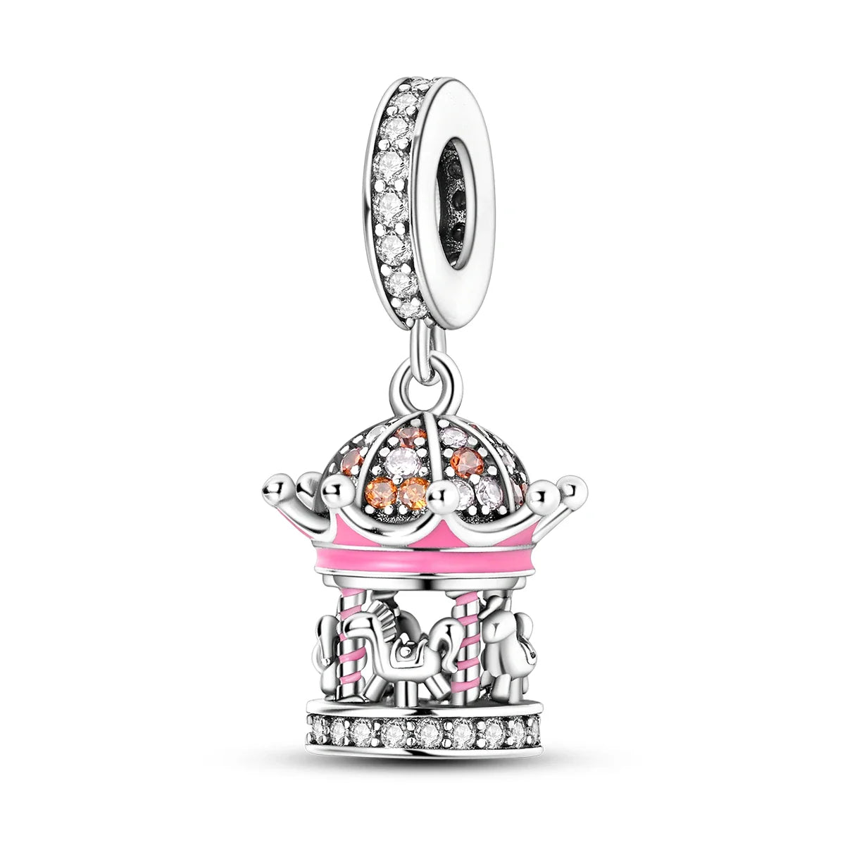 A delicate sterling silver music carousel charm with pink enamel and sparkling stones for original bangle bracelet