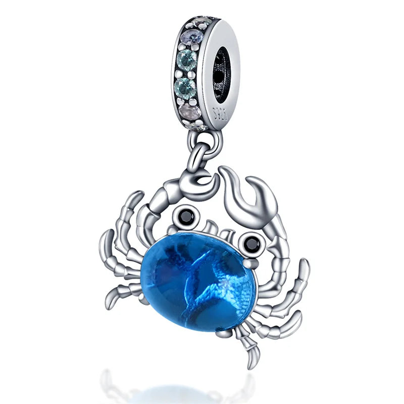 Silver crab charm with blue glass body and gemstone eyes sterling silver music bead for original bangle bracelet