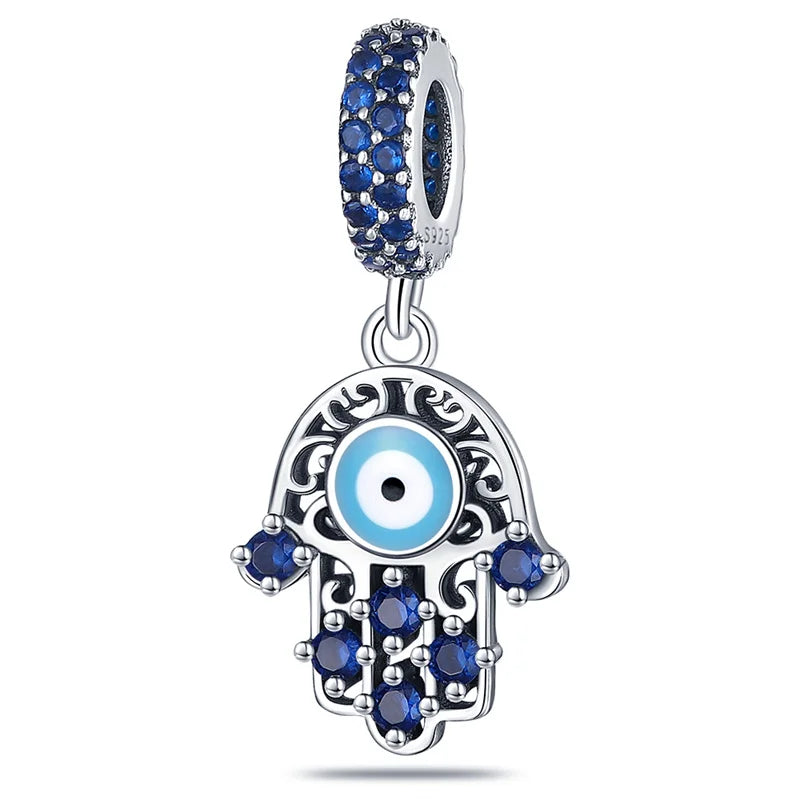 Silver hamsa charm with blue sapphire stones and turquoise eye for original bangle bracelet in sterling silver music collection
