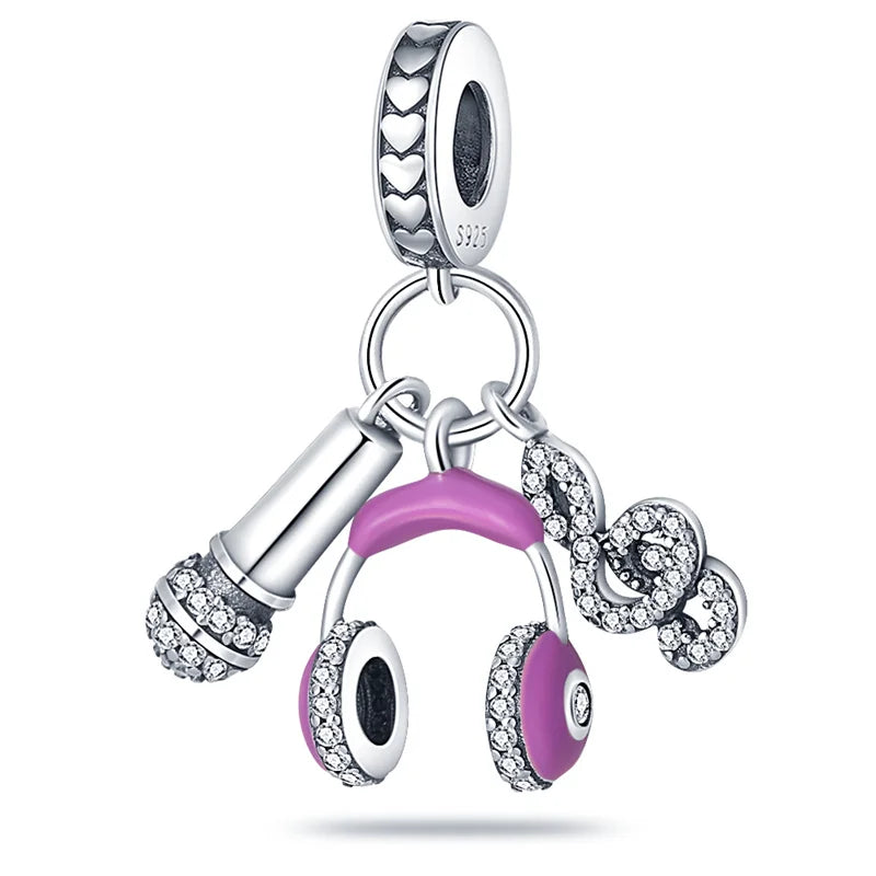 Sterling silver music charms featuring a silver microphone headphones and music note with pink enamel for original bangle bracelet