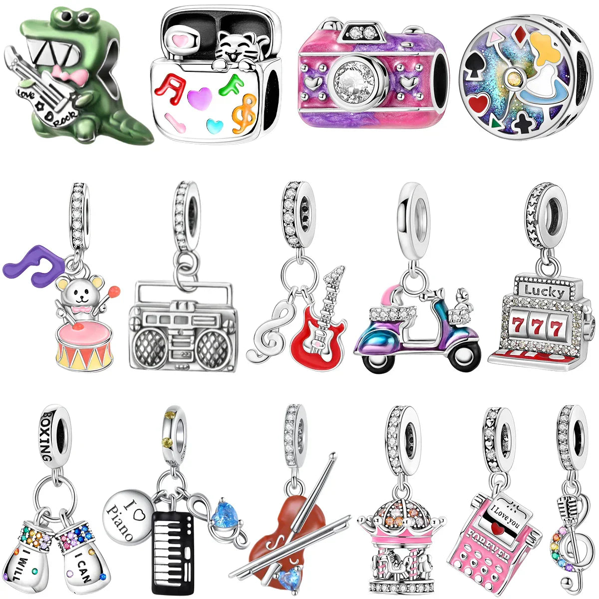 A collection of colorful 925 sterling silver music charms featuring playful designs for original bangle bracelet jewelry