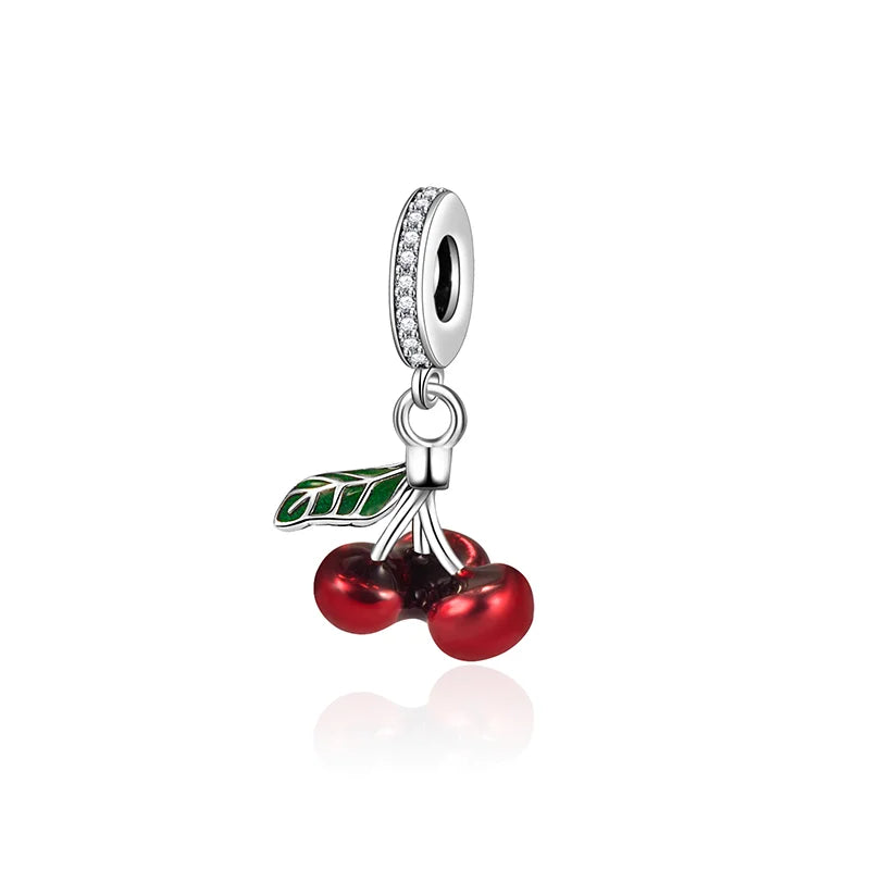 Silver cherry charm with red enamel cherries green leaf and bezel-set diamond band for original bangle bracelet sterling silver music charms