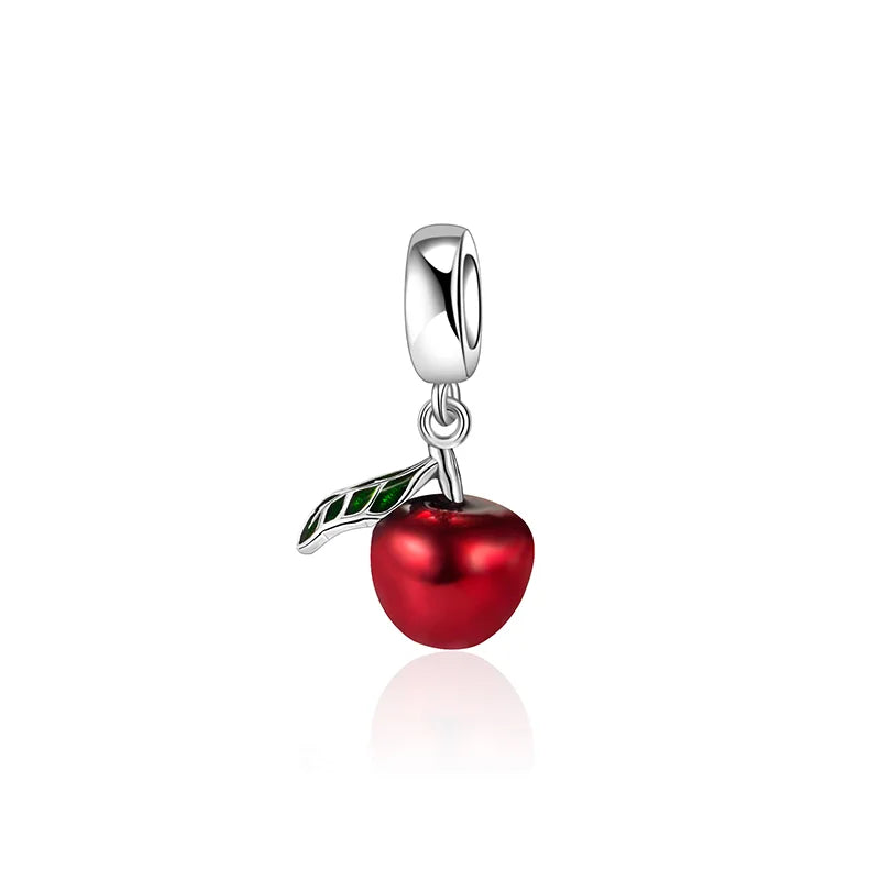 A shiny red cherry-shaped sterling silver music charm with a silver leaf and stem for original bangle bracelet