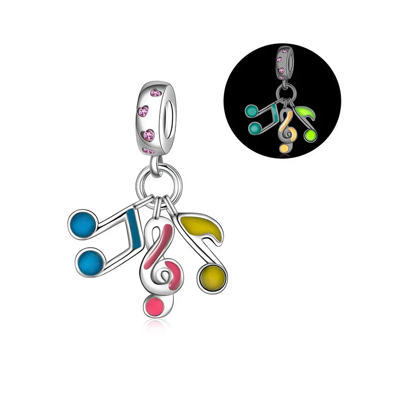 A silver music charm with colorful enamel notes and pink rhinestones for sterling silver music original bangle bracelet