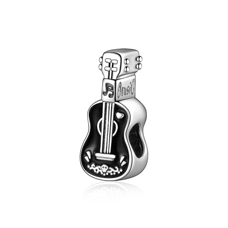 Silver music charm shaped like a guitar with black inlay and engraved music fits original bangle bracelet sterling silver music