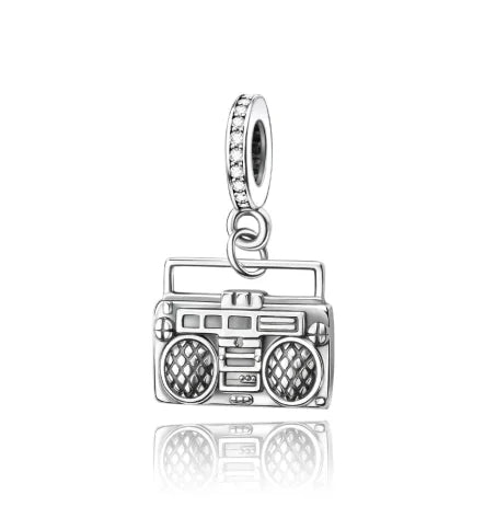 Silver charm pendant shaped like a classic boombox with diamond accents in 925 sterling silver musical charms category