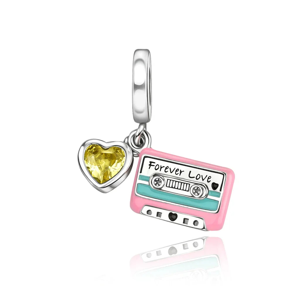 Pink and teal enamel cassette tape charm with forever love engraving and yellow heart crystal sterling silver musical charm
