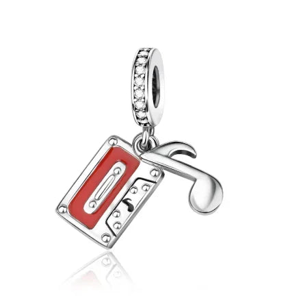 Silver music cassette tape charm with red enamel and clear crystal accents sterling silver musical instrument charms for bracelet