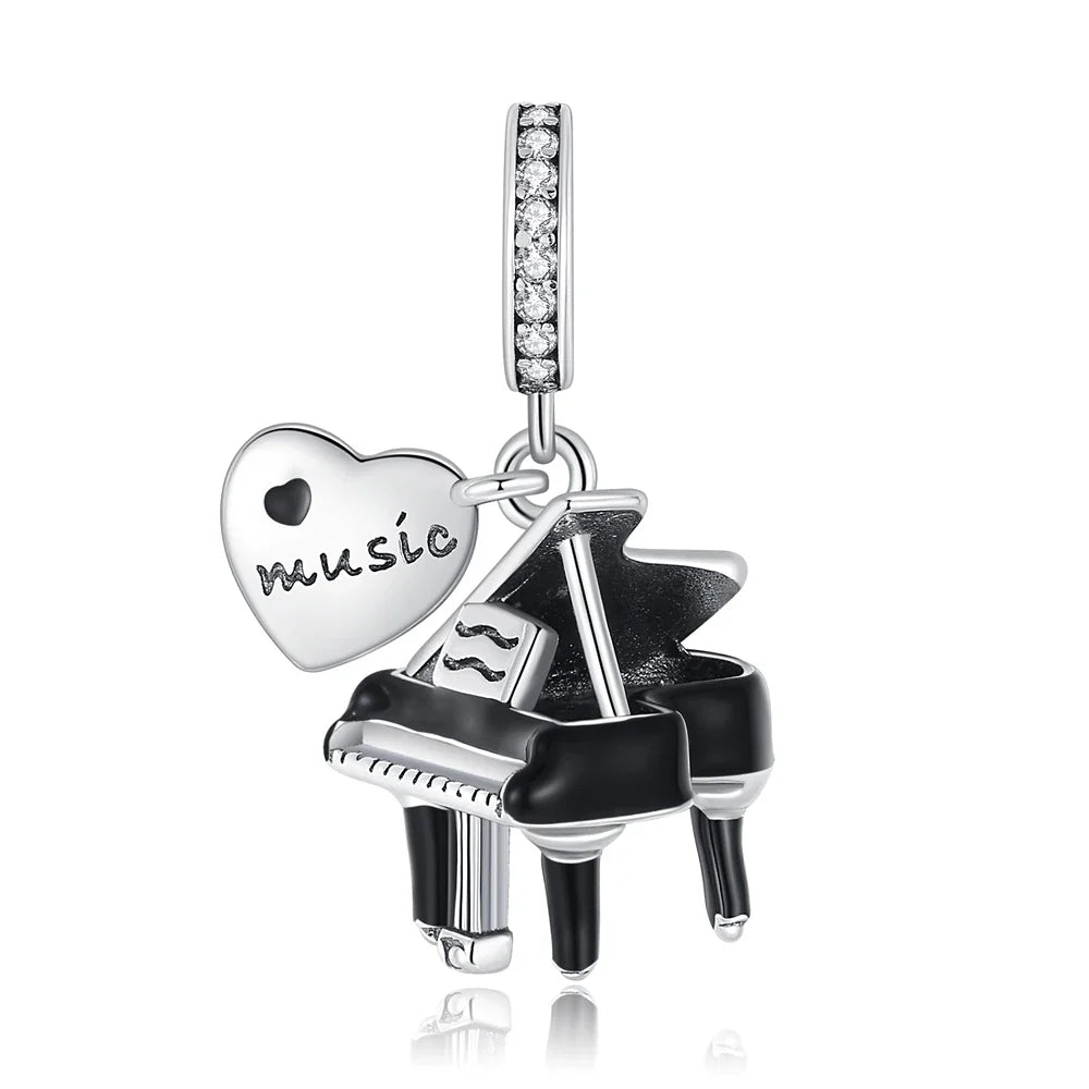 Silver piano charm with black enamel and clear crystals sterling silver musical instrument charms for bracelet DIY gift