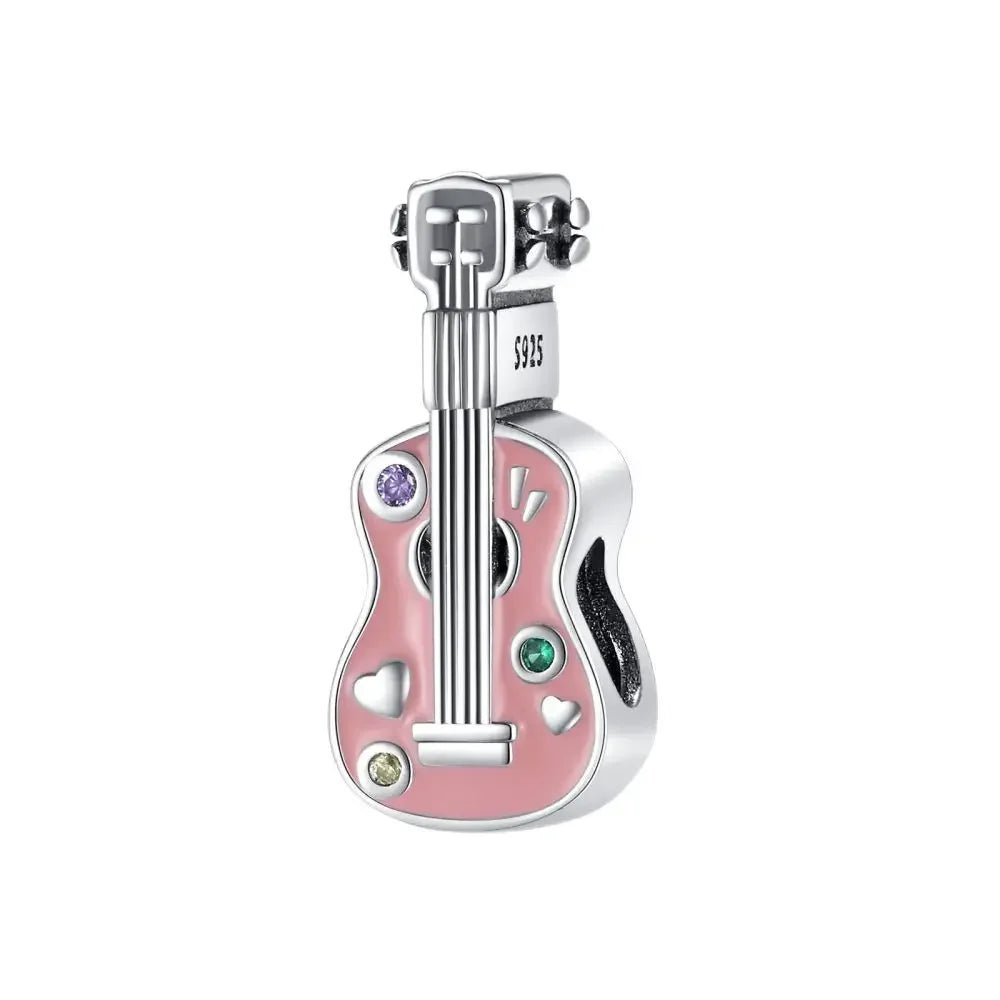 Pink enamel sterling silver musical guitar charm with silver details and colorful gemstone accents for bracelet DIY jewelry