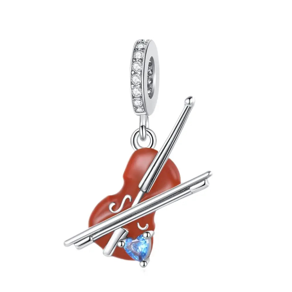 Silver drumstick charm with red enamel violin body and blue heart gemstone sterling silver musical instrument charms