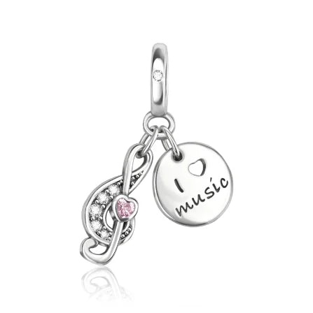 Silver sterling silver musical infinity charm with clear crystals and pink gemstone and round disc engraved i heart music