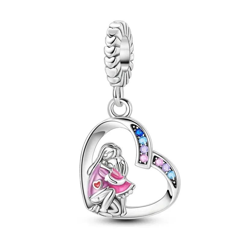 Silver heart-shaped charm with mother and child design, pink enamel, multicolored gemstones, sterling silver musical charms for bracelets