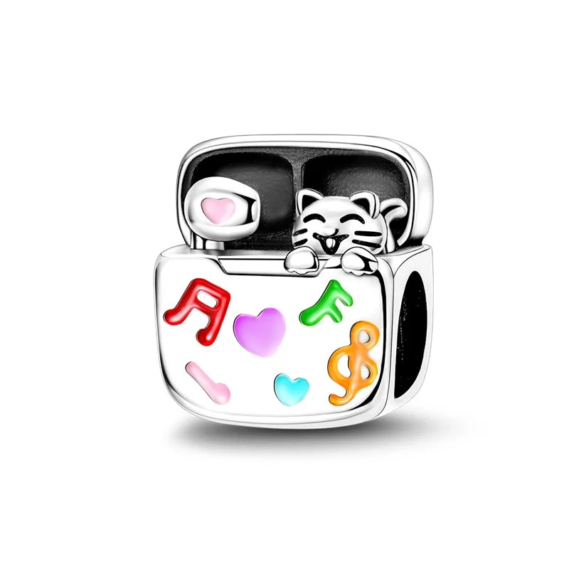 925 sterling silver musical earphone pendant with open case design, smiling cat, and colorful enamel accents for bracelet