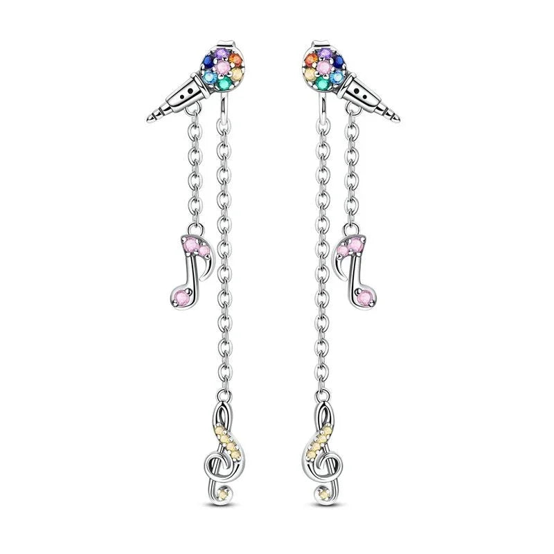 Silver sterling silver musical microphone earrings with colorful gemstones and musical instrument charms for jewelry gift