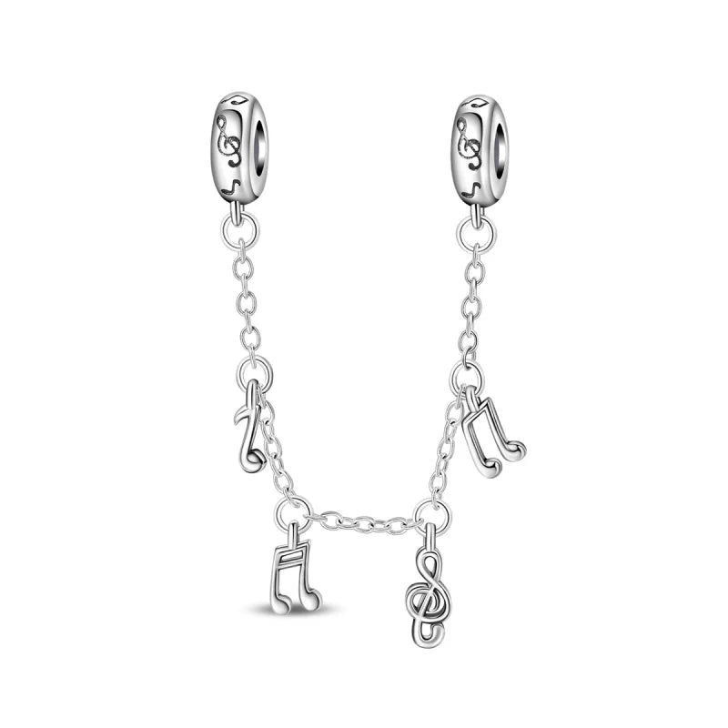 Silver sterling silver musical note charm beads with dangling chain and engraved musical instrument charms for DIY jewelry