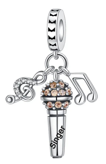 Silver microphone charm pendant with amber stones engraved singer sterling silver musical instrument charms gift