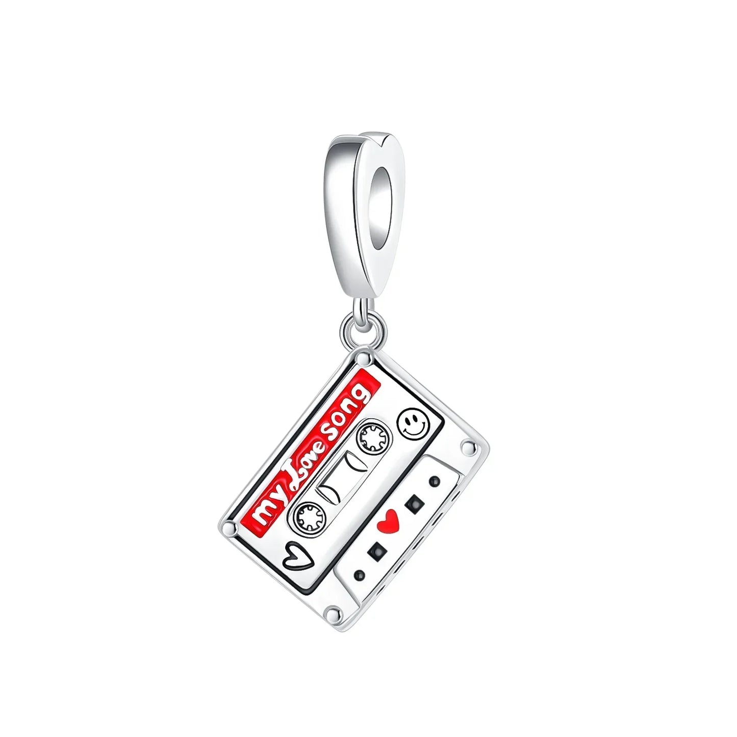 Silver cassette tape charm with red and white enamel, sterling silver musical instrument charm for bracelet DIY jewelry gift