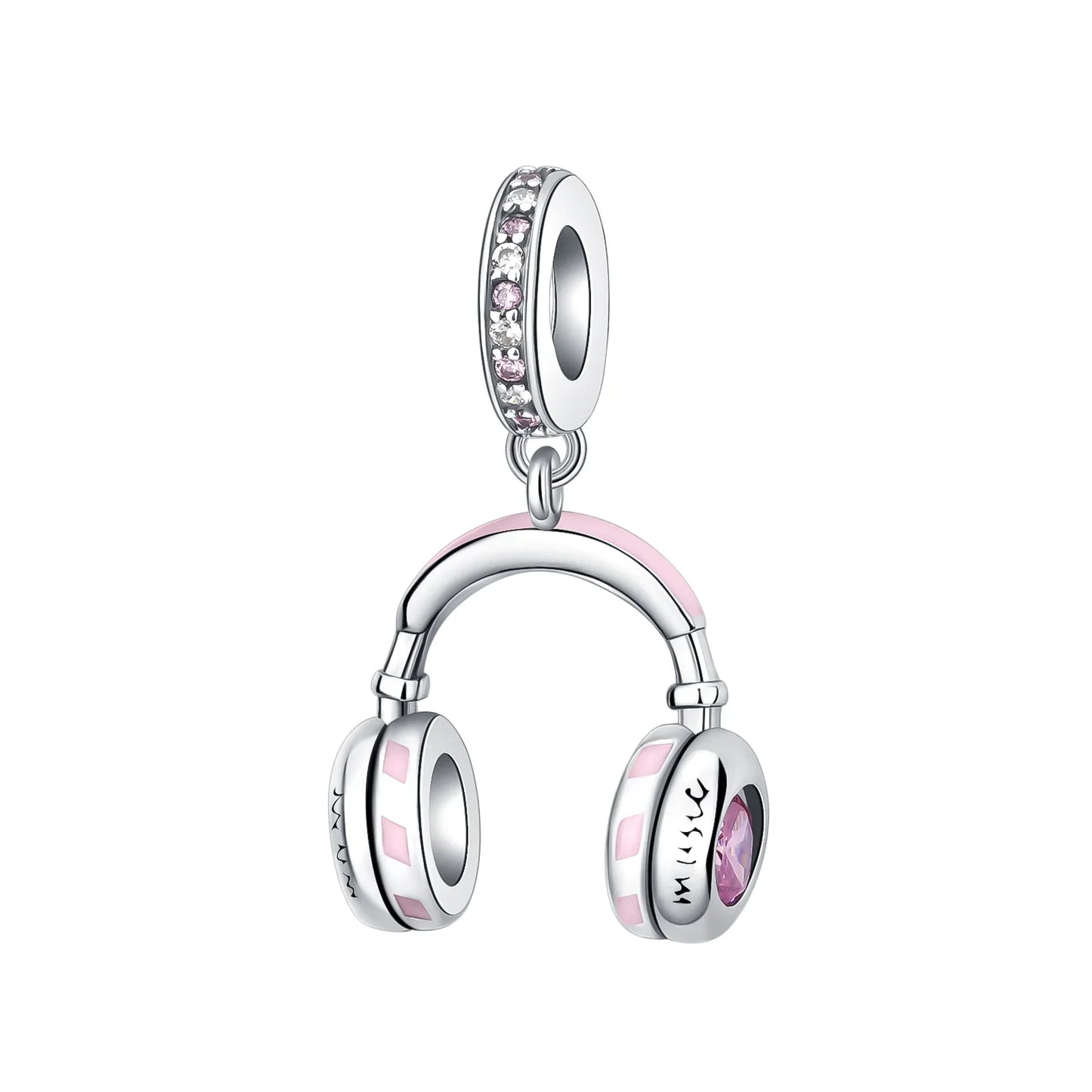 Silver headphone-shaped sterling silver musical charm with pink enamel accents and embedded crystals for bracelet DIY