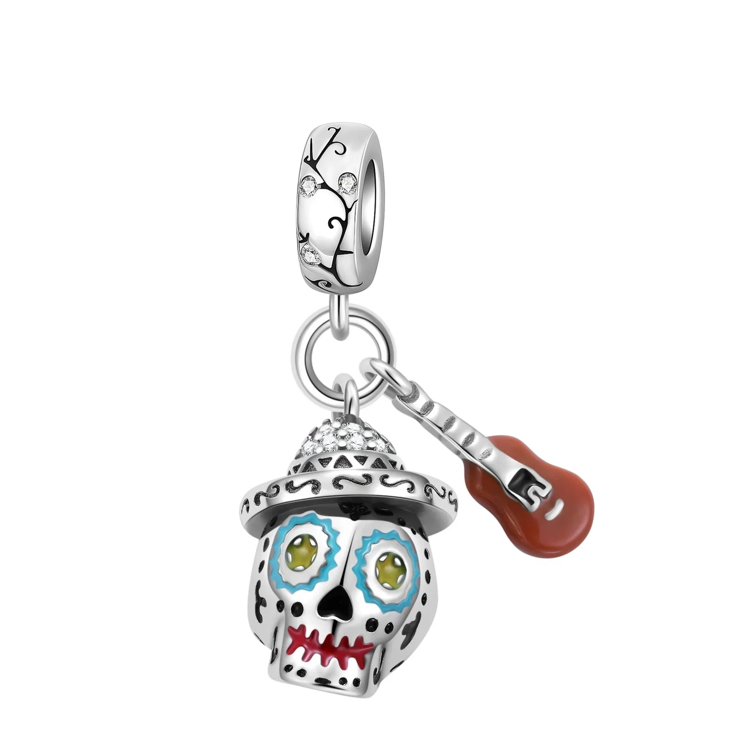Silver sterling silver musical sugar skull charm with colorful enamel and guitar earphone pendant detail for jewelry