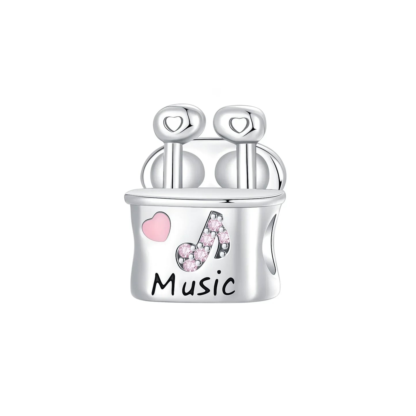 Sterling silver musical instrument charm featuring sparkling note design pink enamel heart and engraved music text