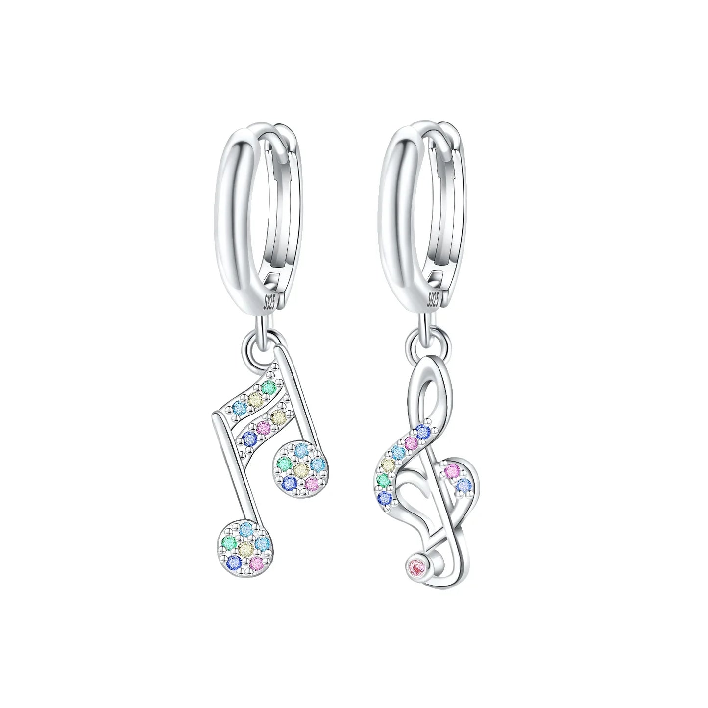 Silver hoop earrings with sterling silver musical instrument charms featuring colorful gemstone guitar earphone pendants