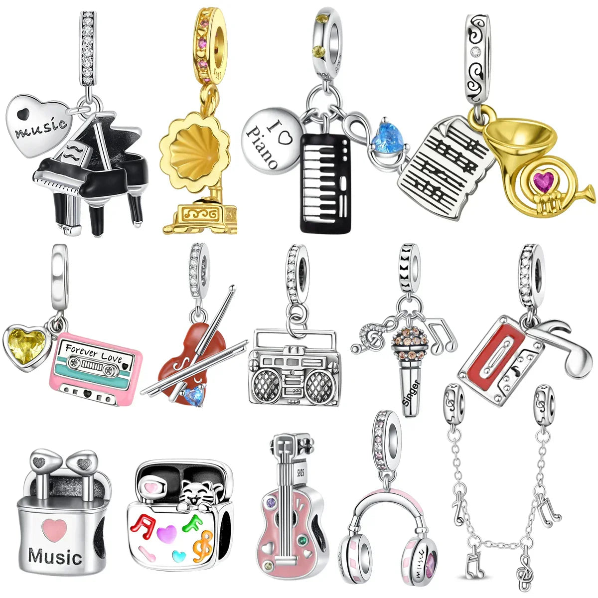 A collection of sterling silver musical instrument charms in silver and gold tones featuring piano guitar earphone pendants