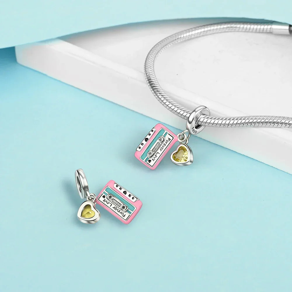 Pink and teal enamel cassette tape charm with yellow heart pendant on silver snake chain sterling silver musical instrument charms