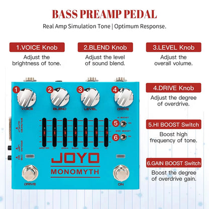 JOYO R-26 Monomyth Bass Preamp Electric Effect Pedal 6-band Graphic EQ Control Real Amplifier Tone Simulation Bass Pedal